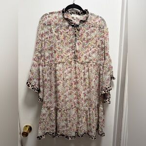 Umgee Floral  Dress Flutter Long Sleeve Animal Print Accent Print Lined Sz L